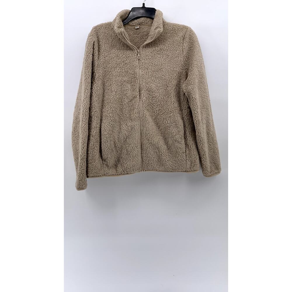 UNIQLO Women's Beige Fluffy Fleece Long Sleeve Mock-Neck Zip-Up Sweater SZ L